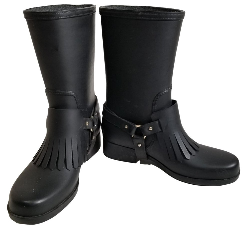 Massimo Dutti Rain Boot Tall Rubber Fringe Black Ring Strap US 6.5 EUR 37 - Picture 1 of 16